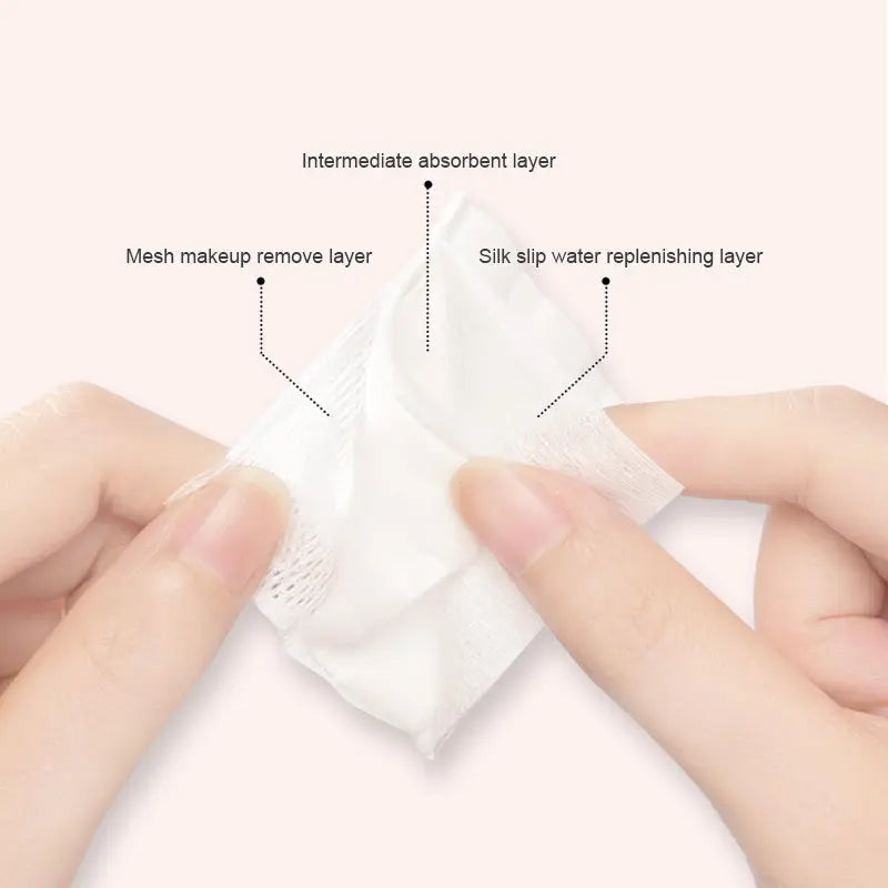 Close-up of premium lint-free stitched edge cotton pads for makeup removal