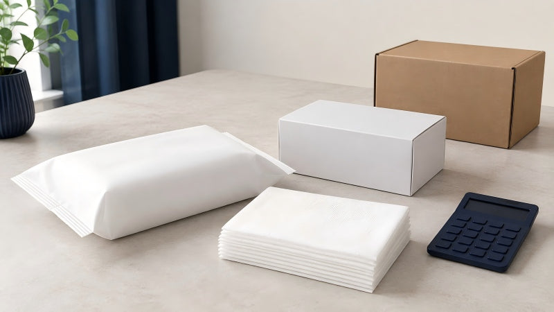 Disposable face towel samples, packaging prototypes and a shipping carton arranged for a purchasing review
