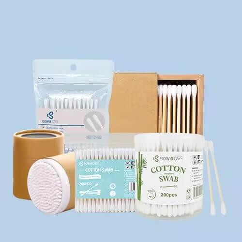 Little Cotton wholesale cotton swabs and buds, showcasing versatile OEM packaging solutions including eco-friendly boxes and plastic tubs for global B2B brands.