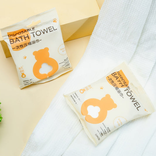 Premium disposable magic compressed bath towel with custom Spring Bear packaging, manufactured by Little Cotton OEM factory.