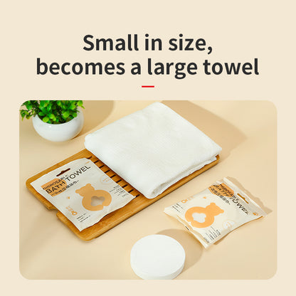 Premium disposable magic compressed bath towel with custom Spring Bear packaging, manufactured by Little Cotton OEM factory.