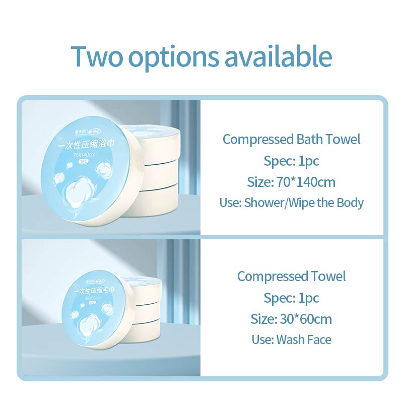 Premium disposable compressed face and bath towels for travel and hotel amenities, manufactured by Little Cotton OEM factory.