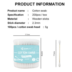Bowincare Wooden Stick Cotton Swabs - 200 Count Barrel