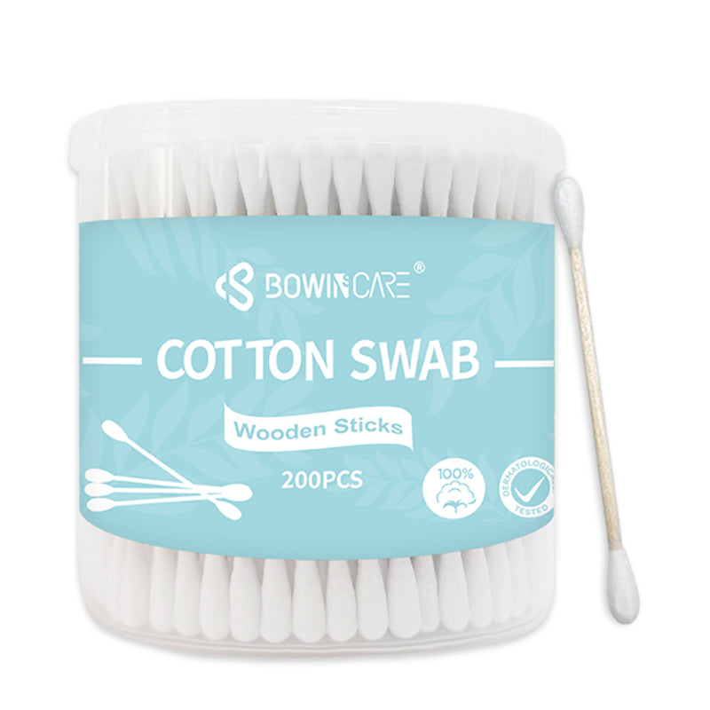 Bowincare Wooden Stick Cotton Swabs - 200 Count Barrel
