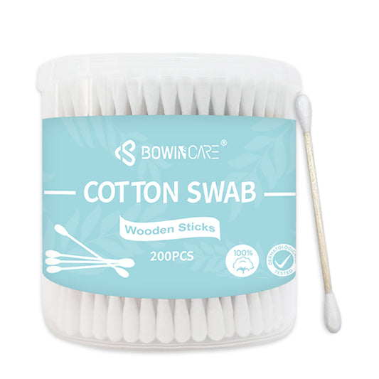 Bowincare Wooden Stick Cotton Swabs - 200 Count Barrel