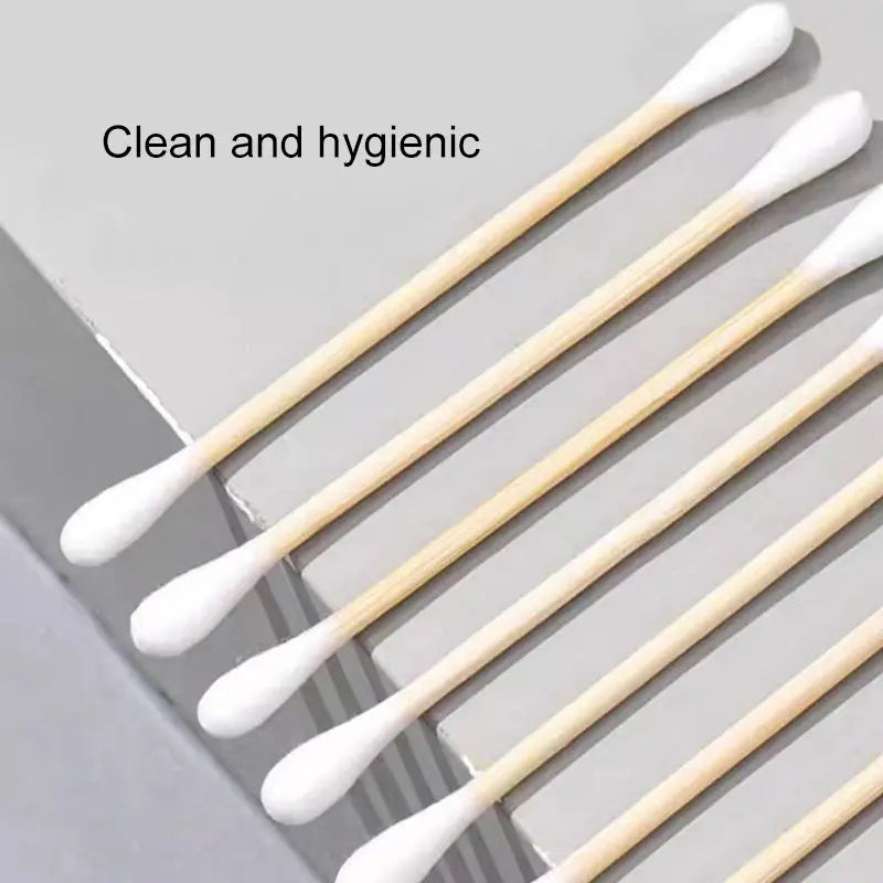 Close-up of lint-free pure cotton buds with sturdy wooden sticks for daily care