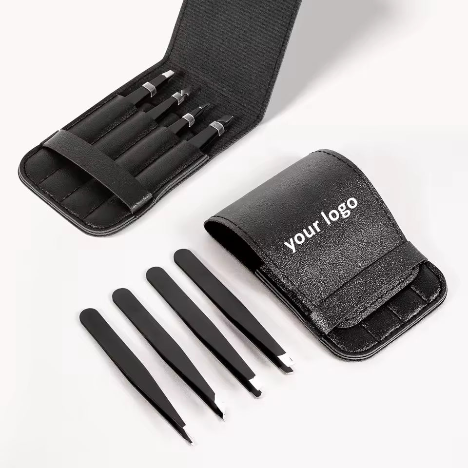 OEM 4pcs Stainless Steel Eyebrow Tweezer Set with Pouch | Little Cotton