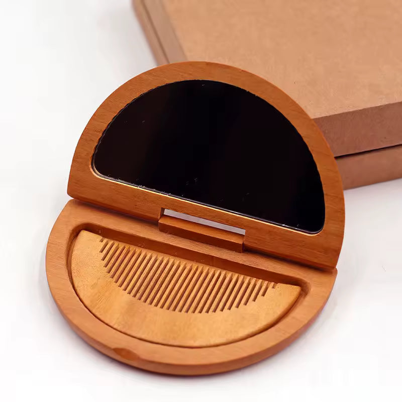 OEM Custom Sandalwood Mirror & Comb Set | Foldable Travel Grooming | Little Cotton